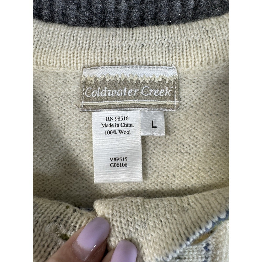 Coldwater Creek Ivory Floral Embroidered Knit Cardigan Sweater 100% Wool L Women - Picture 3 of 11